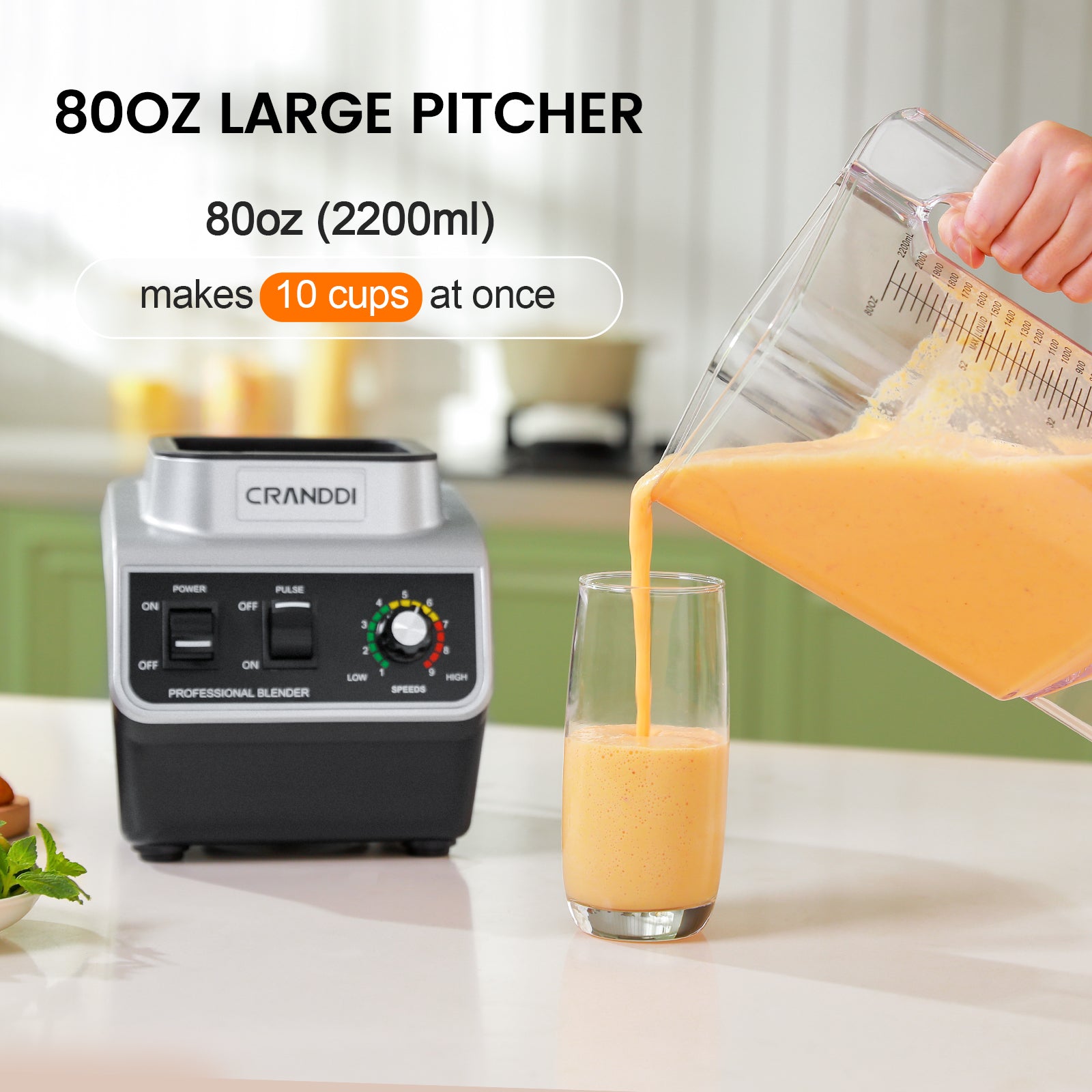 CRANDDI Professional Smoothie Blender, 80oz BPA-Free Countertop Blenders for Smoothies