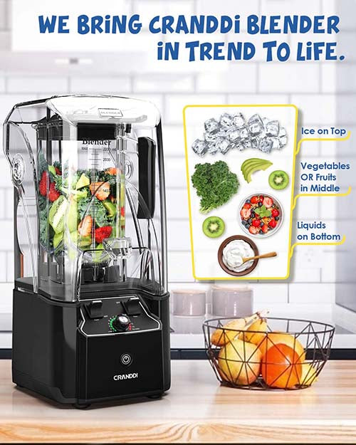 CRANDDI Quiet Smoothie Blender, Professional Countertop Blender with Removable Shield, 2200W Strong Motor, 52oz BPA-Free Jar for